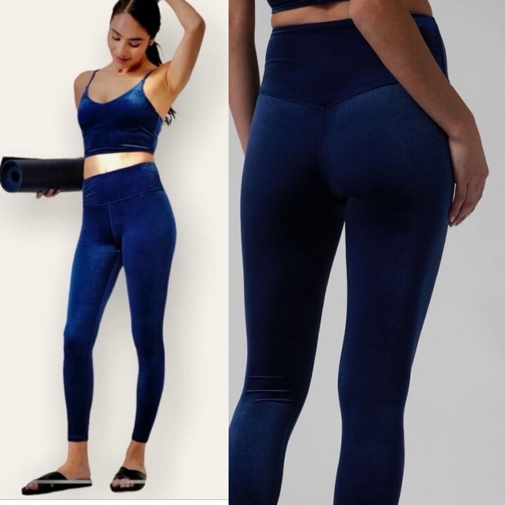 Athleta Elation Velvet Velour Tight Leggings Winter Blue Navy Large